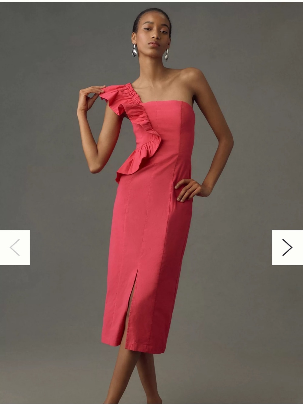 By Anthropologie One-Shoulder Ruffle Midi Dress in Coral